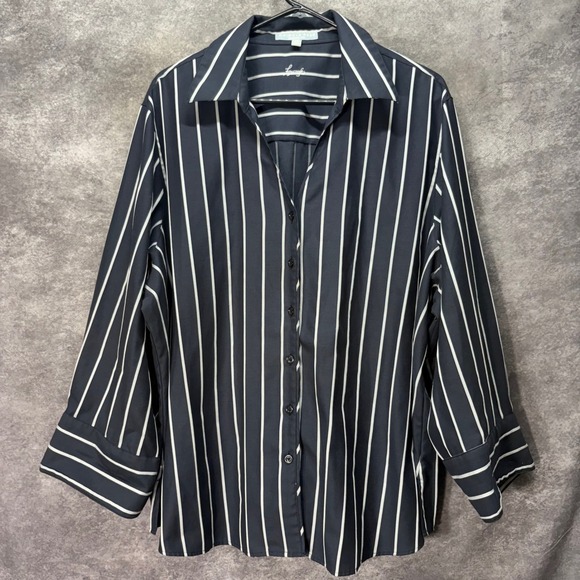 Foxcroft Tops - Foxcroft Navy White Striped Button Up Shirt Size 24W Wrinkle Free Shaped Fit